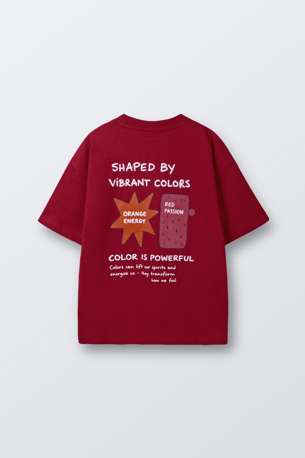 Red T-shirt with back text 'Shaped by Vibrant Colors' graphic
