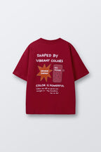 Red T-shirt with back text 'Shaped by Vibrant Colors' graphic