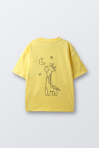 Yellow crewneck tee with large giraffe moon and star line-art embroidery on back