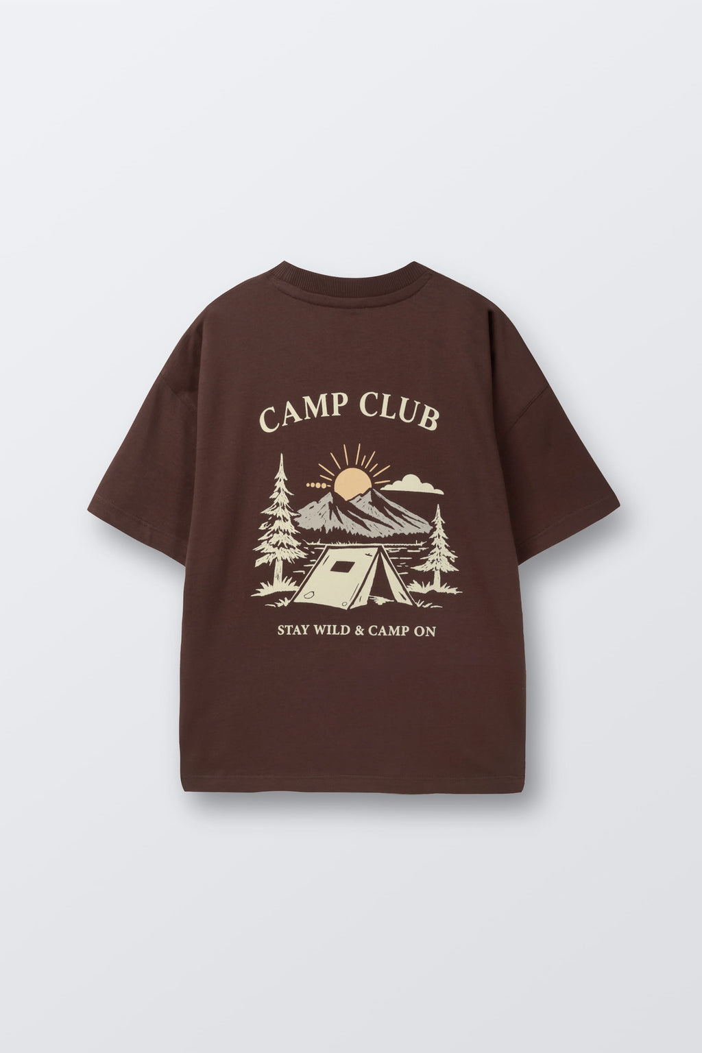 Brown kids' T-shirt with large back-to-front “CAMP CLUB” graphic and tent scene