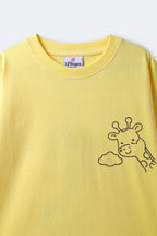 Yellow crewneck tee fabric detail with ribbed collar and giraffe outline embroidery