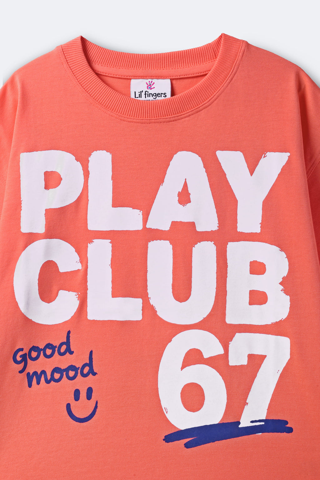 Coral graphic tee with "PLAY CLUB" print, "Good mood," and "67"