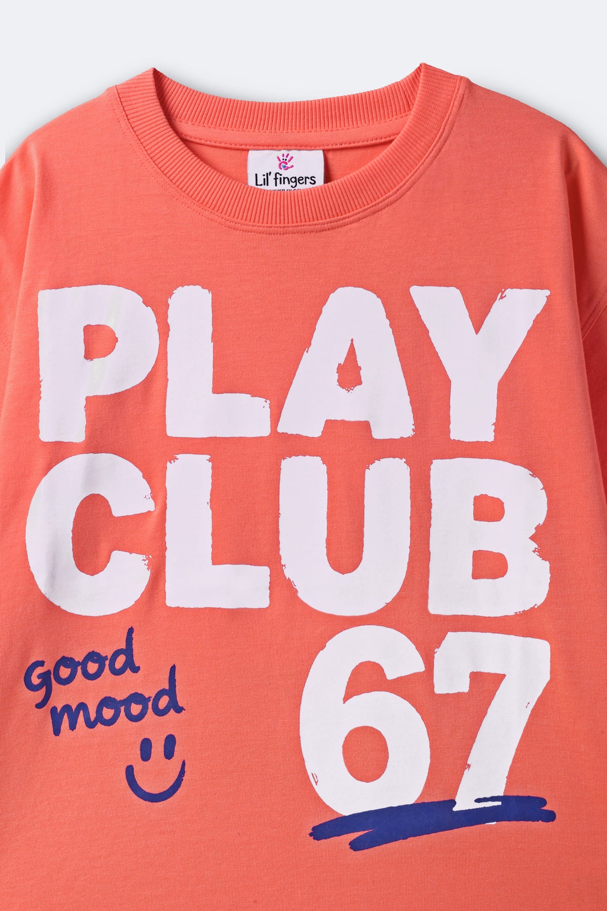 Coral graphic tee with "PLAY CLUB" print, "Good mood," and "67"