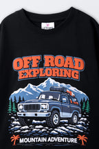 Black crewneck tee with large puff-printed Off Road Exploring truck graphic