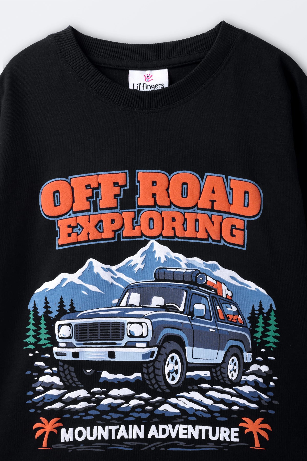 Black crewneck tee with large puff-printed Off Road Exploring truck graphic