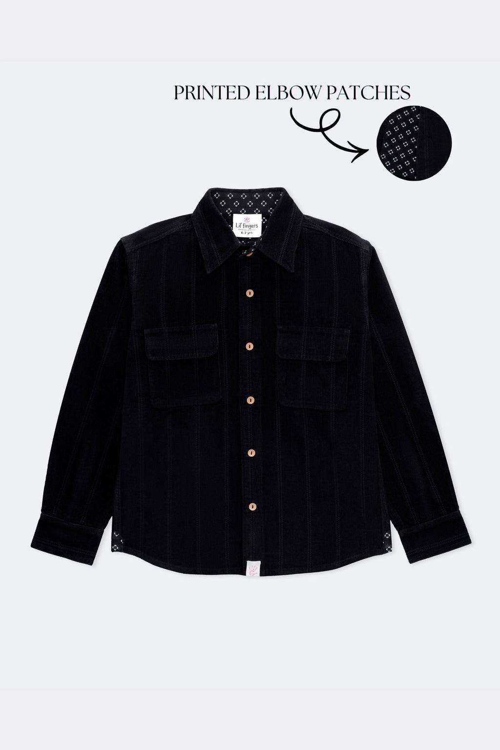 Black corduroy shirt with twin flap pockets, wooden buttons, and printed elbow patches