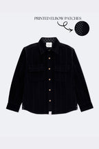 Black corduroy shirt with twin flap pockets, wooden buttons, and printed elbow patches