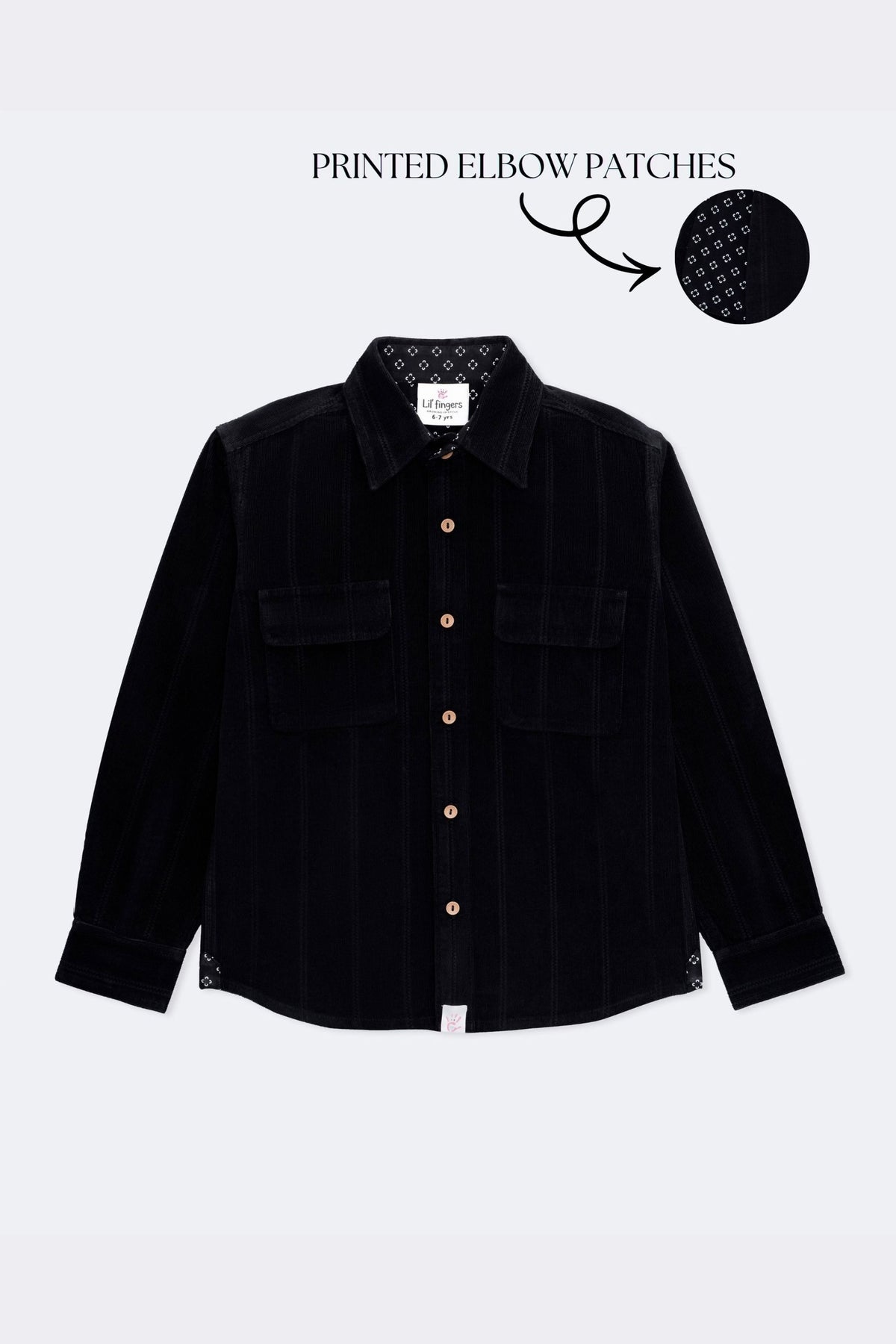 Black corduroy shirt with twin flap pockets, wooden buttons, and printed elbow patches