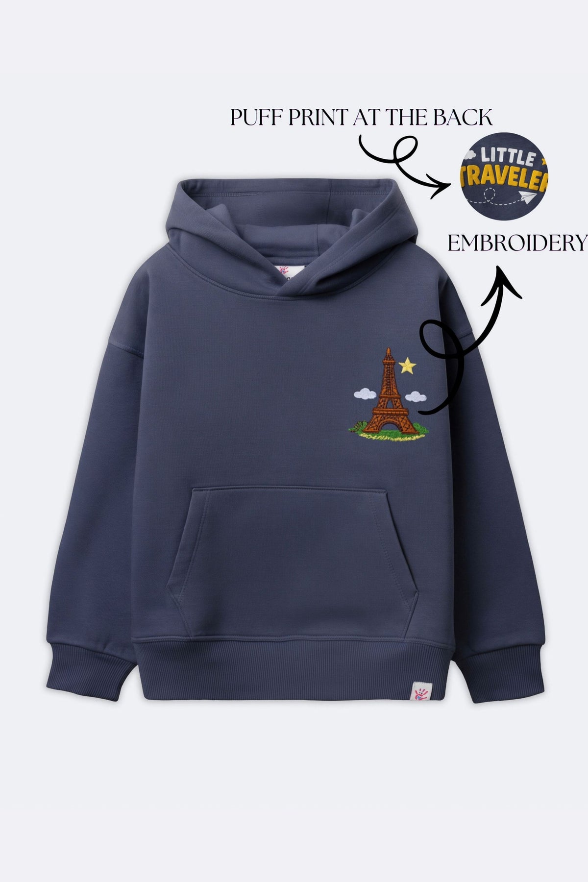 Denim blue kids hoodie with Eiffel tower embroidery and puff print on the back