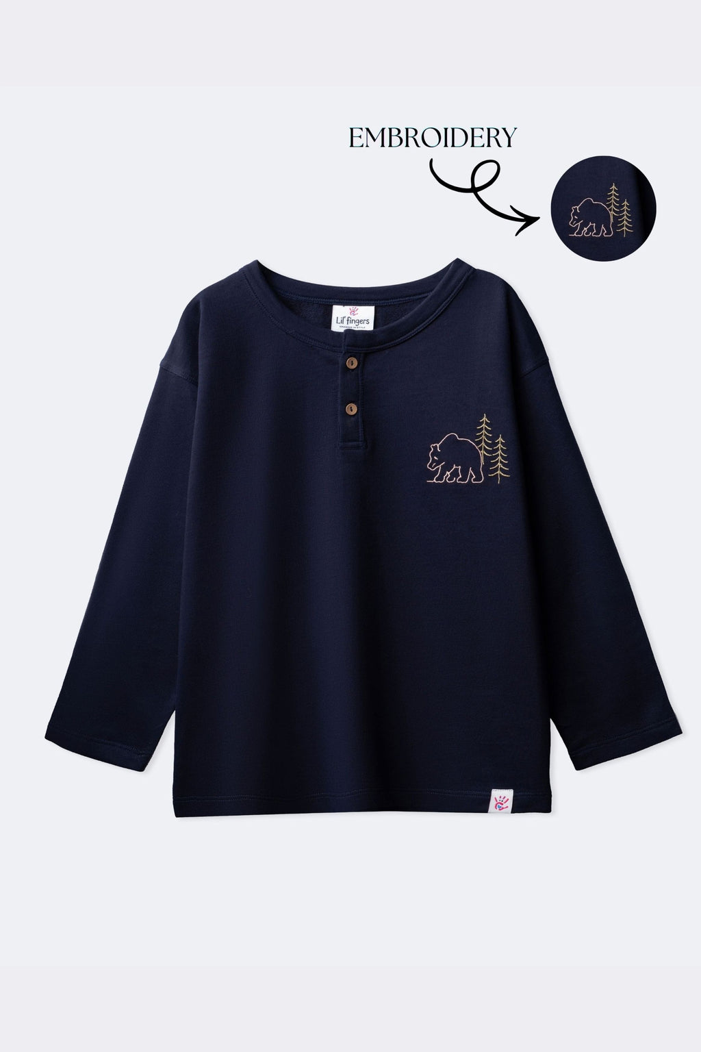 Boys navy terry henley long-sleeve T-shirt with bear/tree embroidery, front view