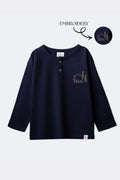 Boys navy terry henley long-sleeve T-shirt with bear/tree embroidery, front view