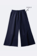 Navy fleece palazzo pants with elastic waistband and wide-leg silhouette, side pockets
