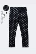 Black polka dot leggings flat view with elastic waistband and stretch fit
