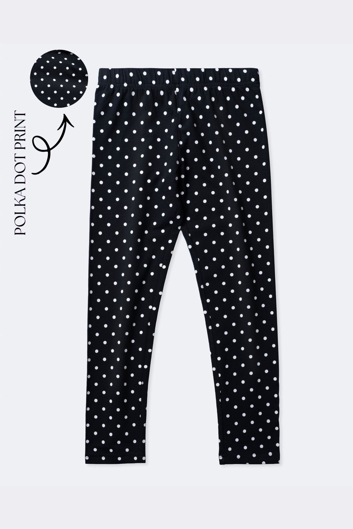 Black polka dot leggings flat view with elastic waistband and stretch fit