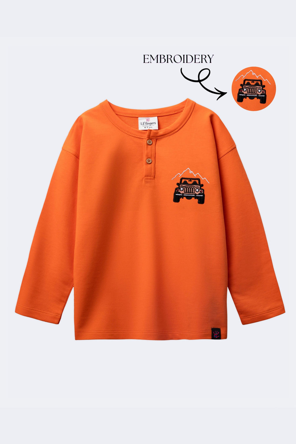 Boys orange henley T-shirt with off-road car pocket embroidery, long sleeves