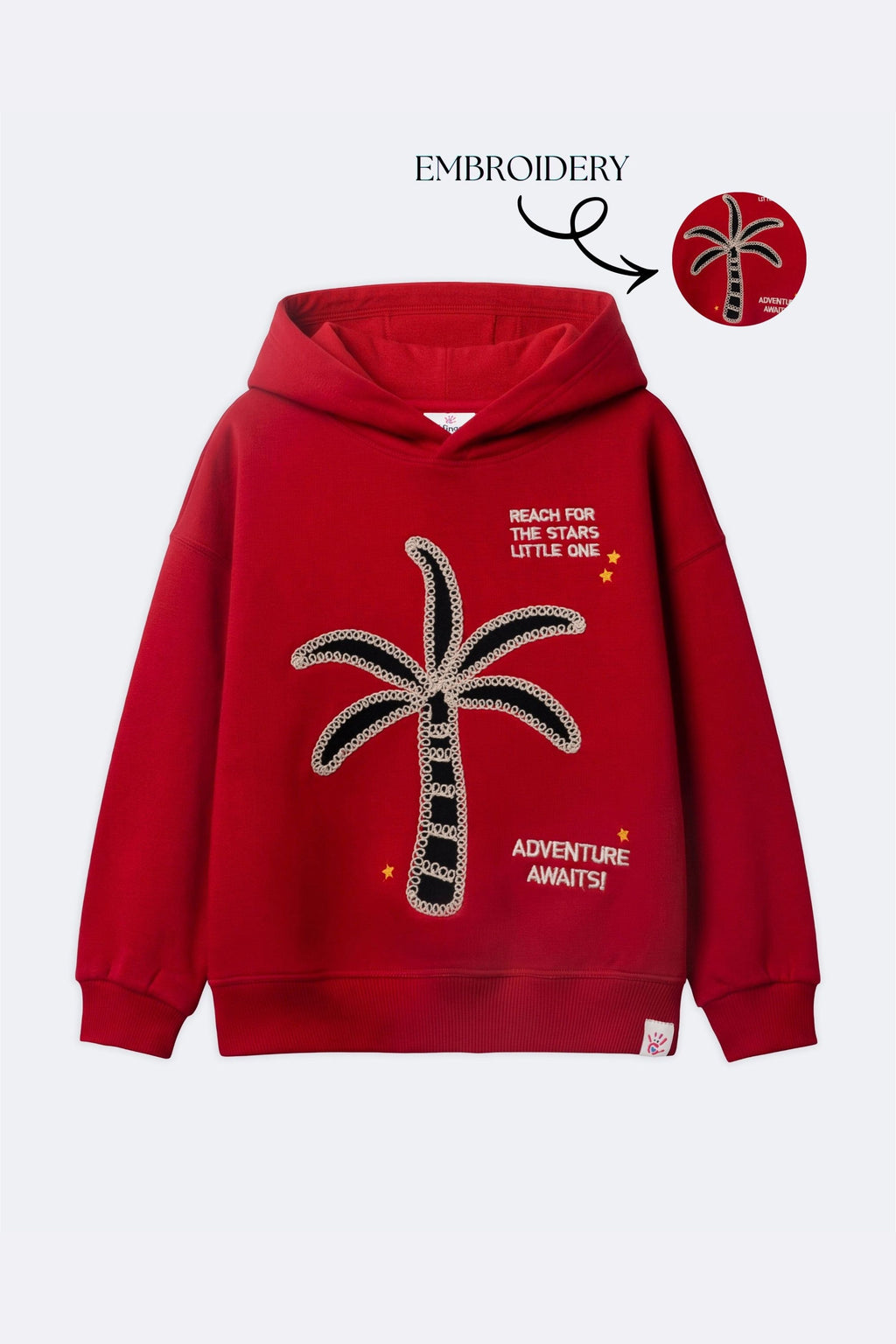 Red fleece hoodie with palm tree embroidery and 'Adventure awaits' text
