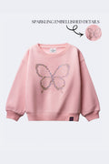 Girl's butterfly embellished sweatshirt in blush pink, with beadwork and shimmer detail