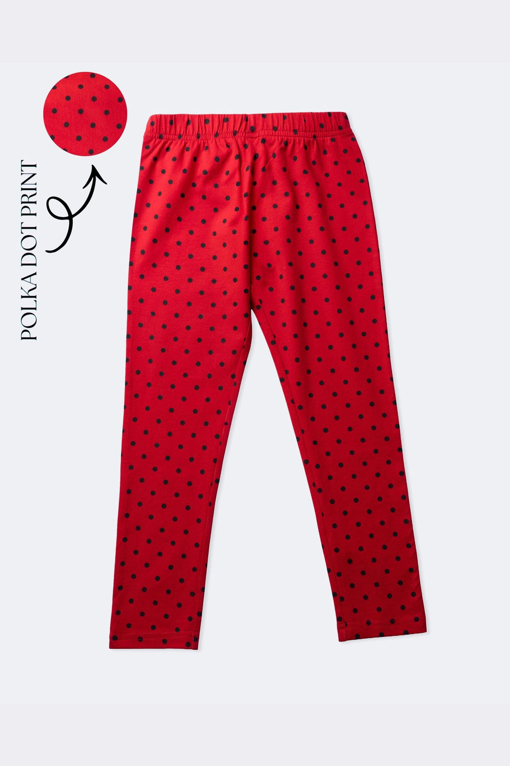 Girls red polka dot stretch leggings with allover polka dot print