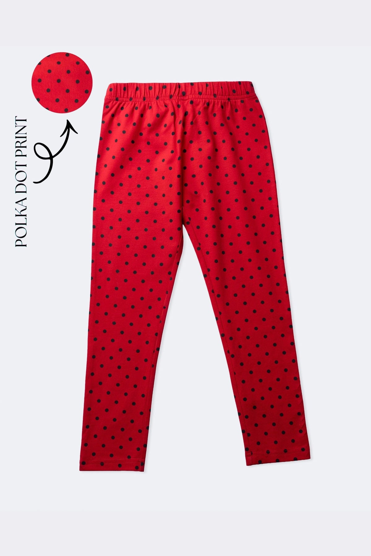 Girls red polka dot stretch leggings with allover polka dot print