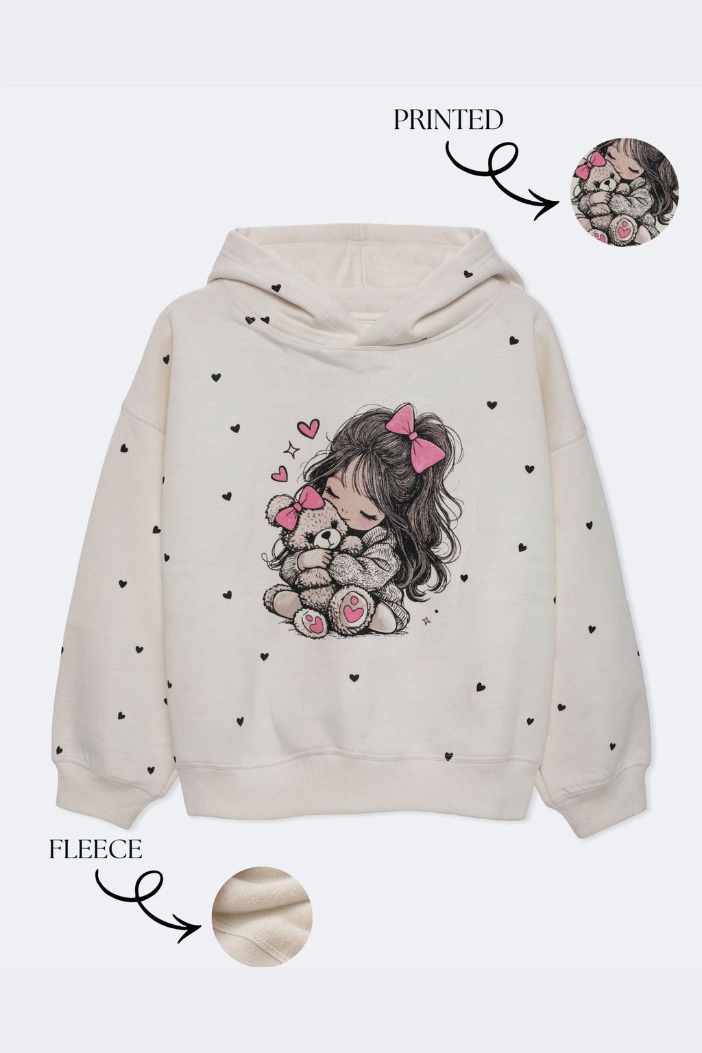 Off-white girls' hoodie featuring teddy hug printed graphic and heart motifs
