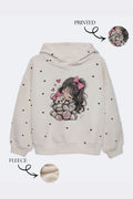 Off-white girls' hoodie featuring teddy hug printed graphic and heart motifs