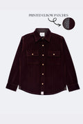 Burgundy corduroy button-up shirt with two chest pockets and printed elbow patches