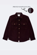 Burgundy corduroy button-up shirt with two chest pockets and printed elbow patches