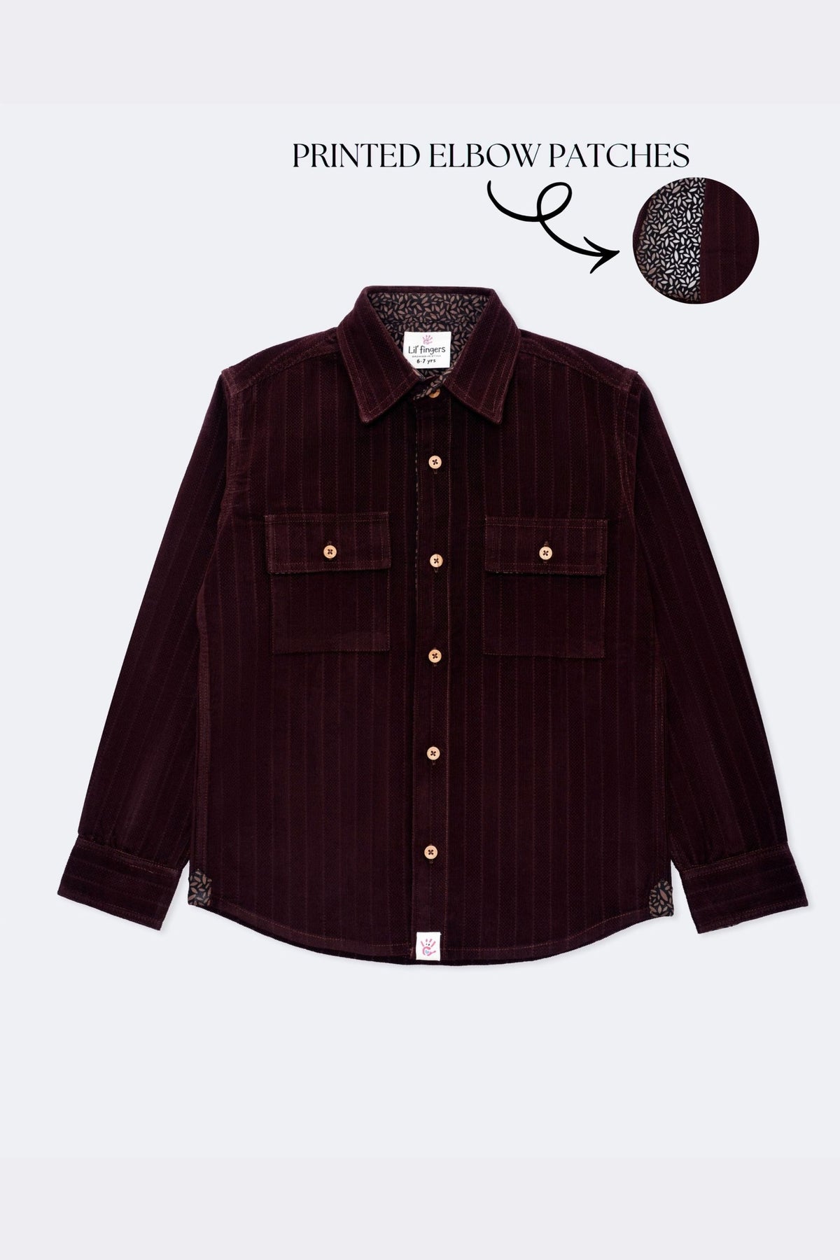Burgundy corduroy button-up shirt with two chest pockets and printed elbow patches