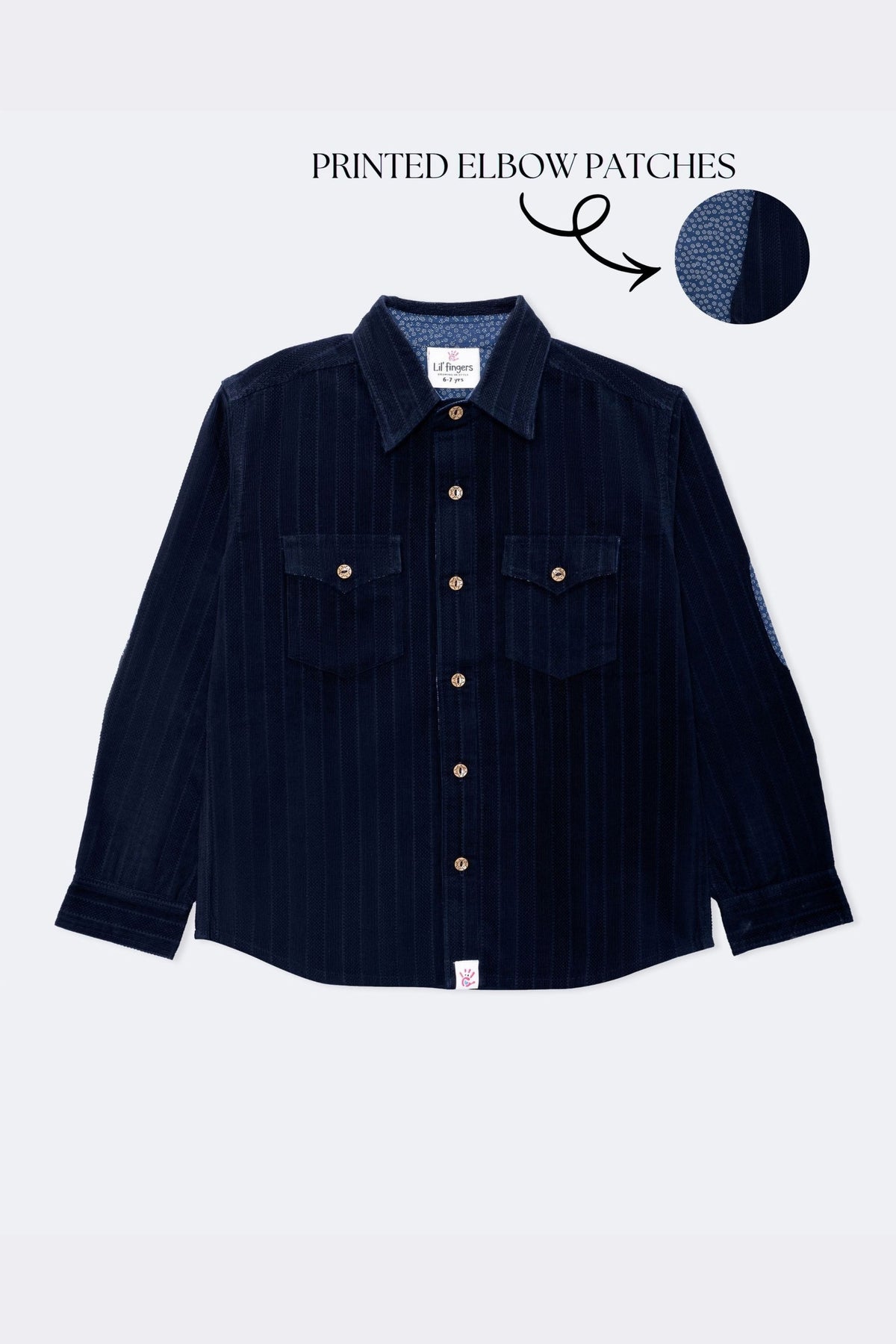 Boys navy corduroy button-up shirt with printed elbow patches and flap pockets