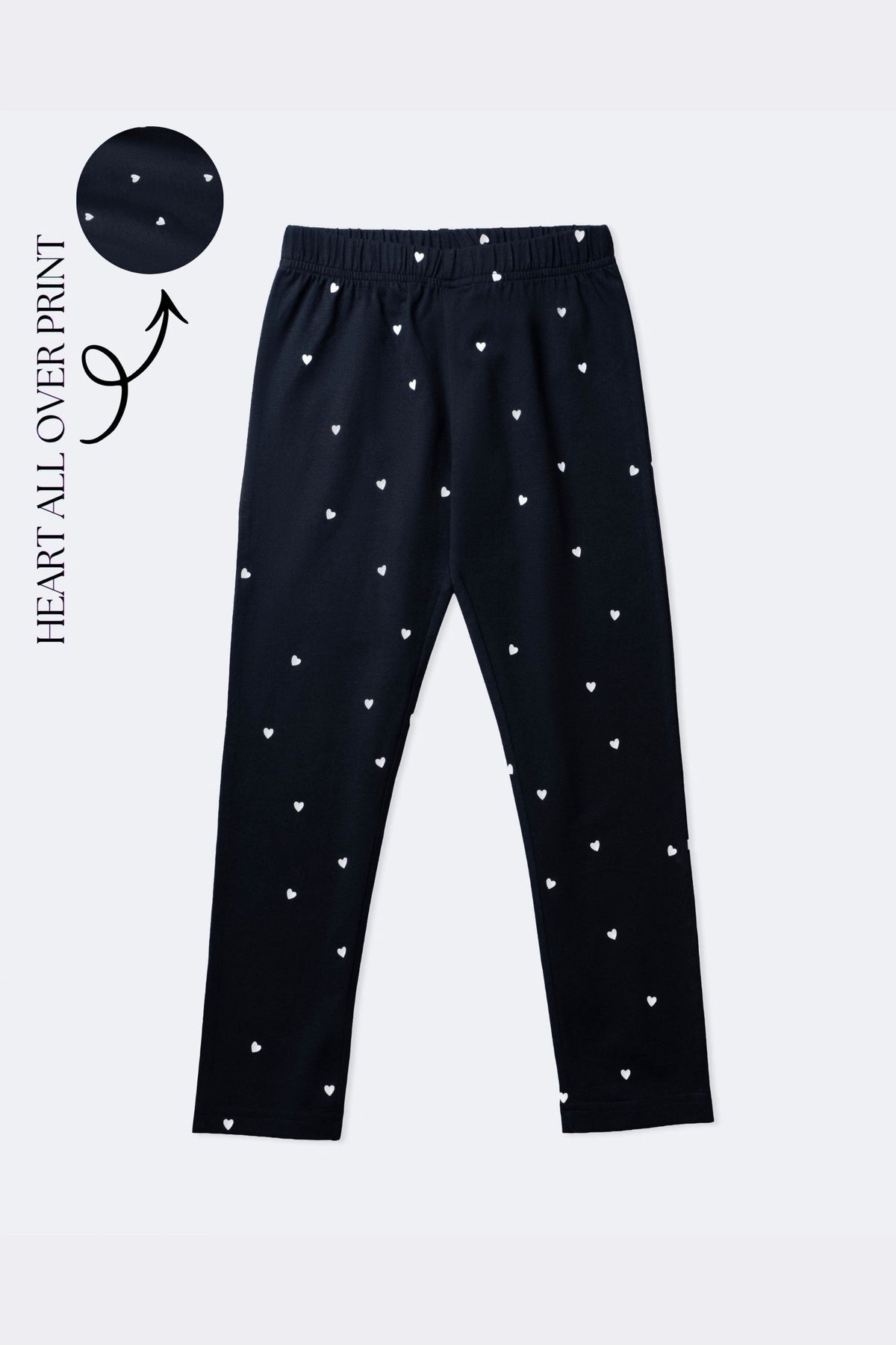 Black girls' stretch leggings with mini white heart all-over print and elastic waistband