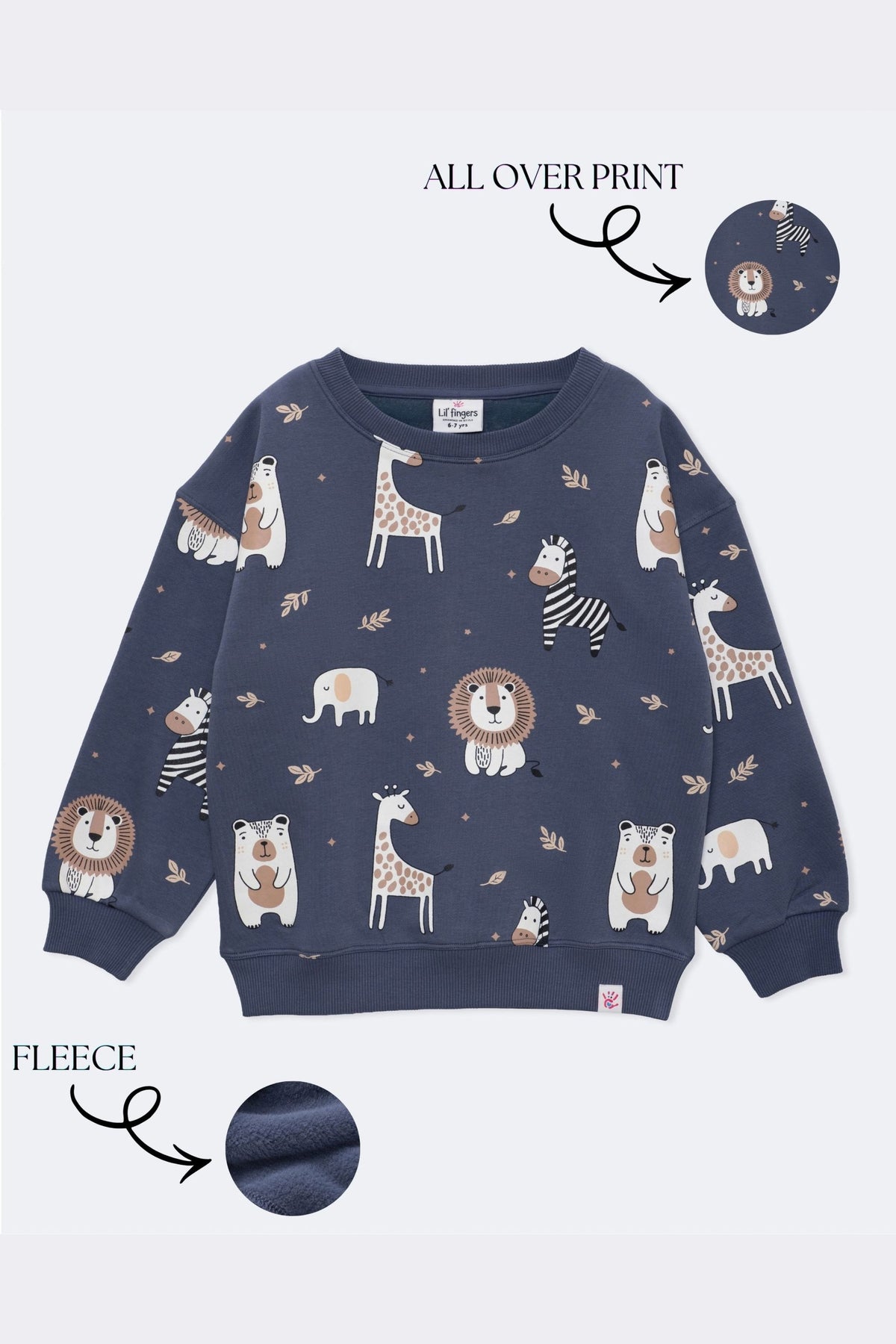 Denim blue kids fleece sweatshirt with crew neck and all-over safari animal print