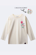 Off-white long-sleeve tee with left chest “good things grow” floral print