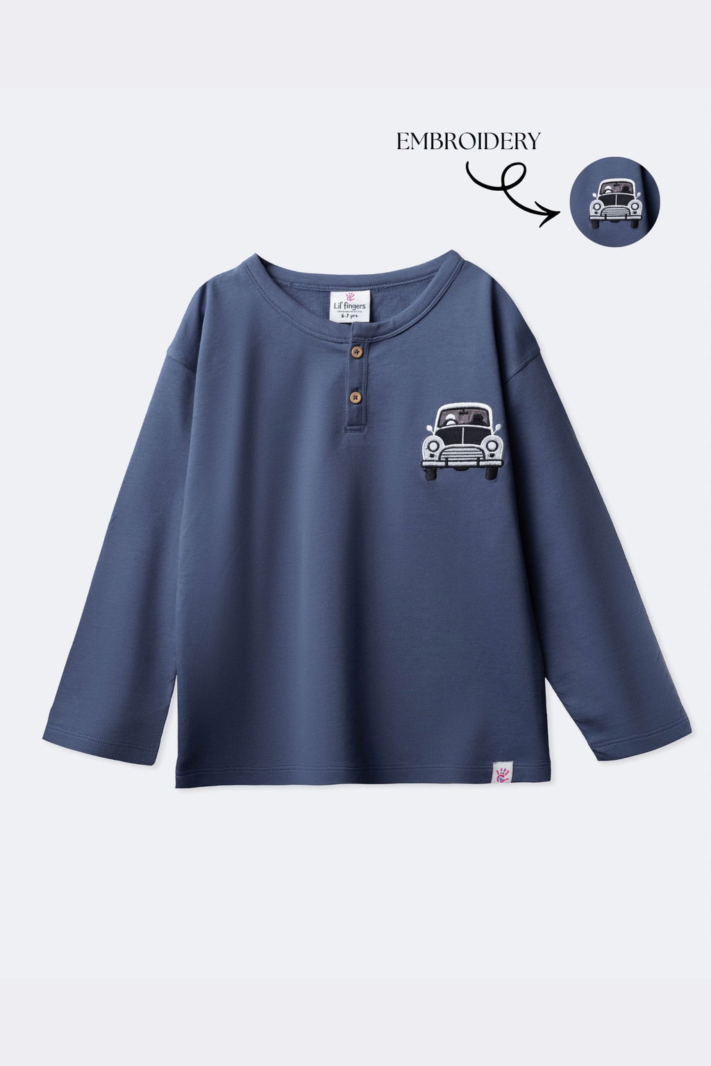 Boys denim blue long-sleeve henley t-shirt flat lay with front car embroidery