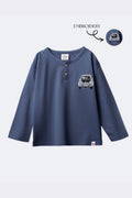 Boys denim blue long-sleeve henley t-shirt flat lay with front car embroidery
