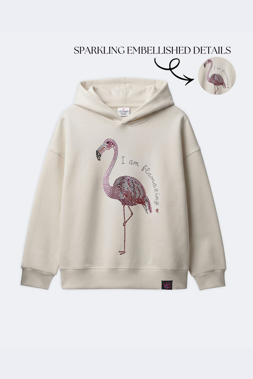 Ivory cream girls hooded sweatshirt with embellished flamingo motif on front