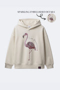 Ivory cream girls hooded sweatshirt with embellished flamingo motif on front