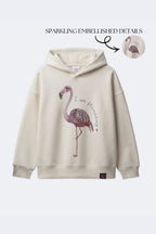 Ivory cream girls hooded sweatshirt with embellished flamingo motif on front