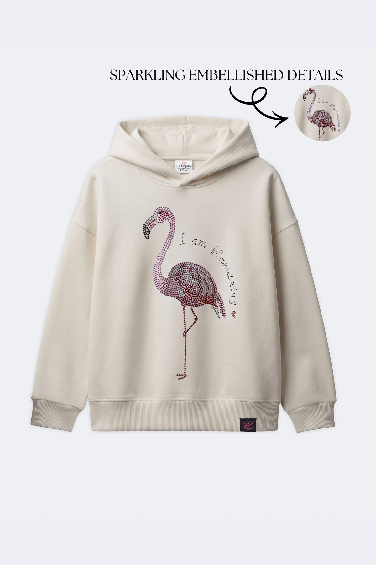 Ivory cream girls hooded sweatshirt with embellished flamingo motif on front
