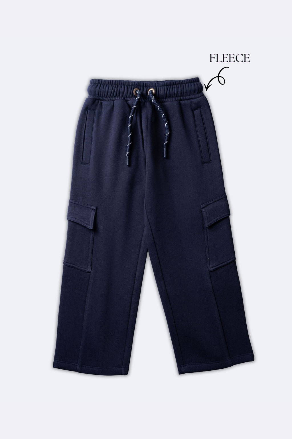 Navy fleece pajama pants with elastic waistband, drawstring and cargo side pockets