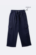 Navy fleece pajama pants with elastic waistband, drawstring and cargo side pockets