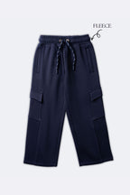 Navy fleece pajama pants with elastic waistband, drawstring and cargo side pockets