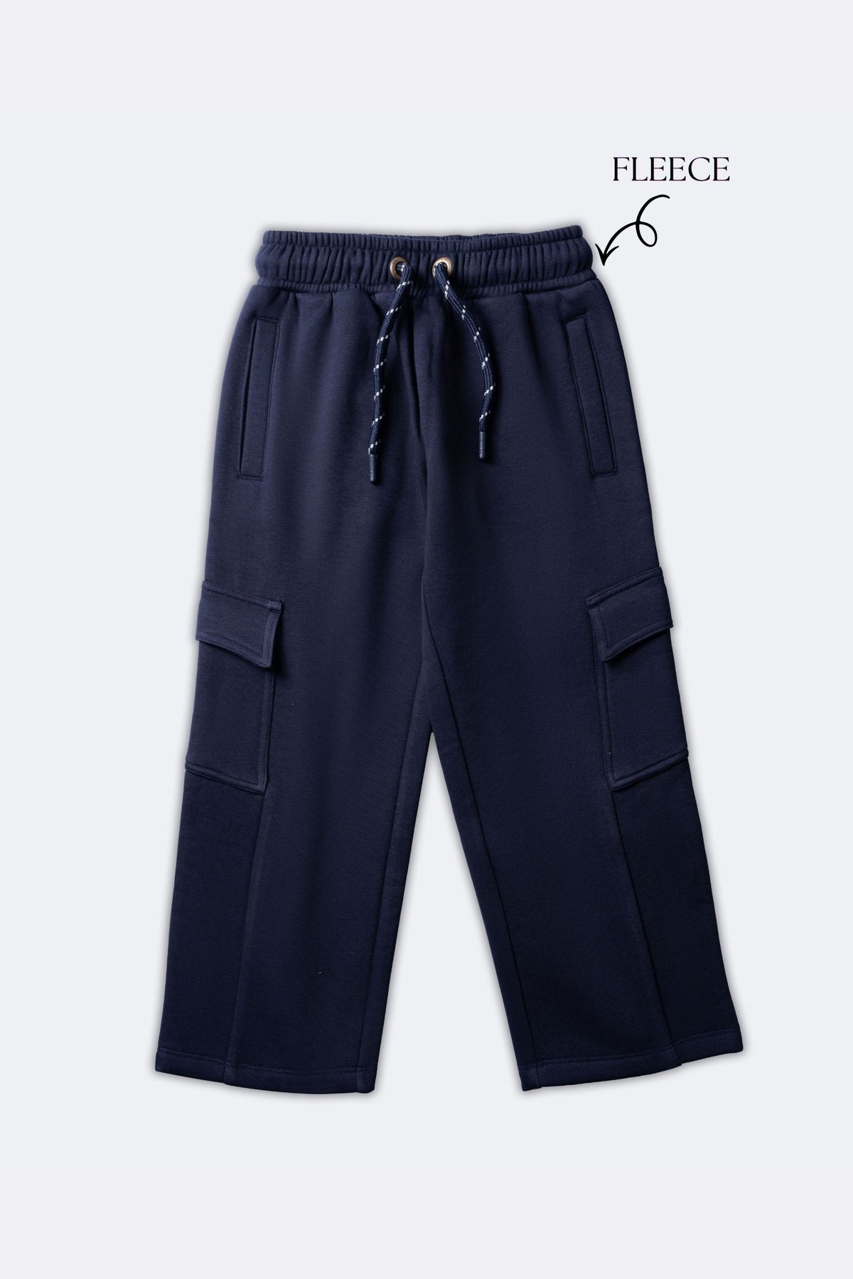 Navy fleece pajama pants with elastic waistband, drawstring and cargo side pockets