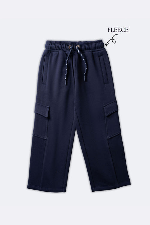 Navy fleece pajama pants with elastic waistband, drawstring and cargo side pockets