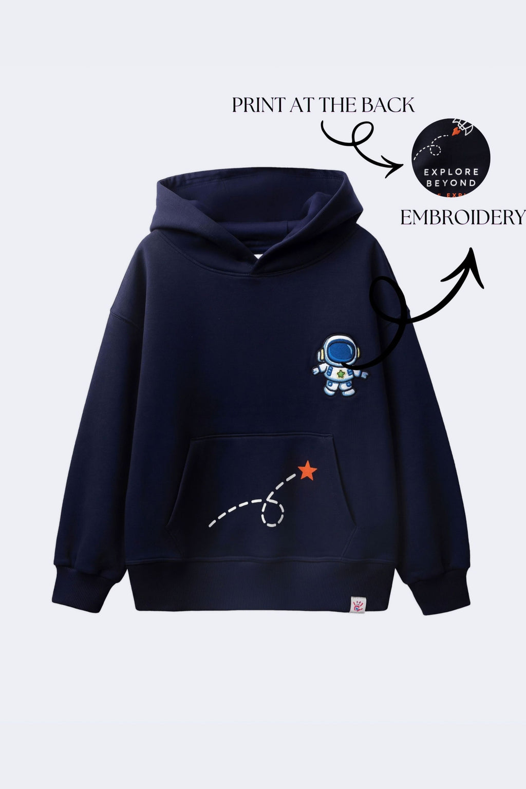 Navy hoodie with astronaut embroidery and rocket-dash graphic on chest