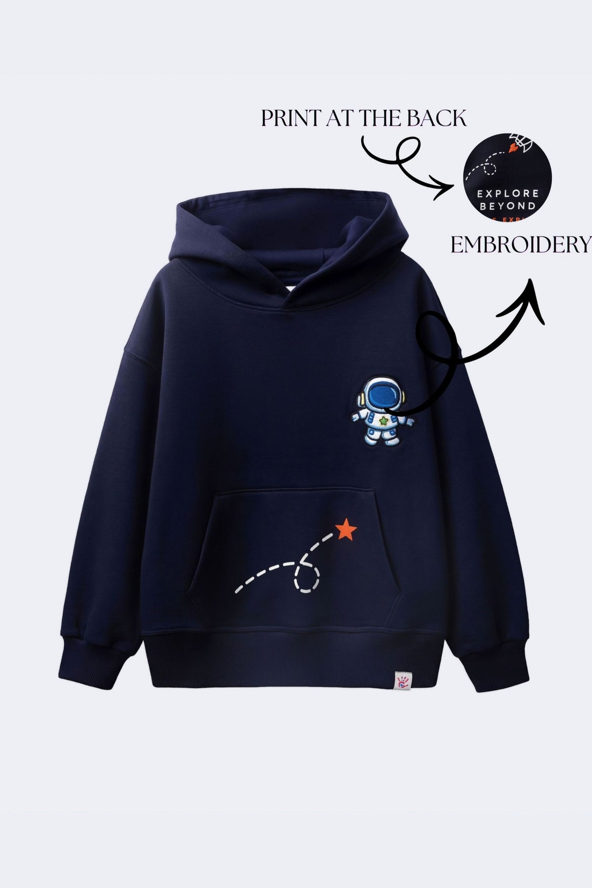 Navy hoodie with astronaut embroidery and rocket-dash graphic on chest