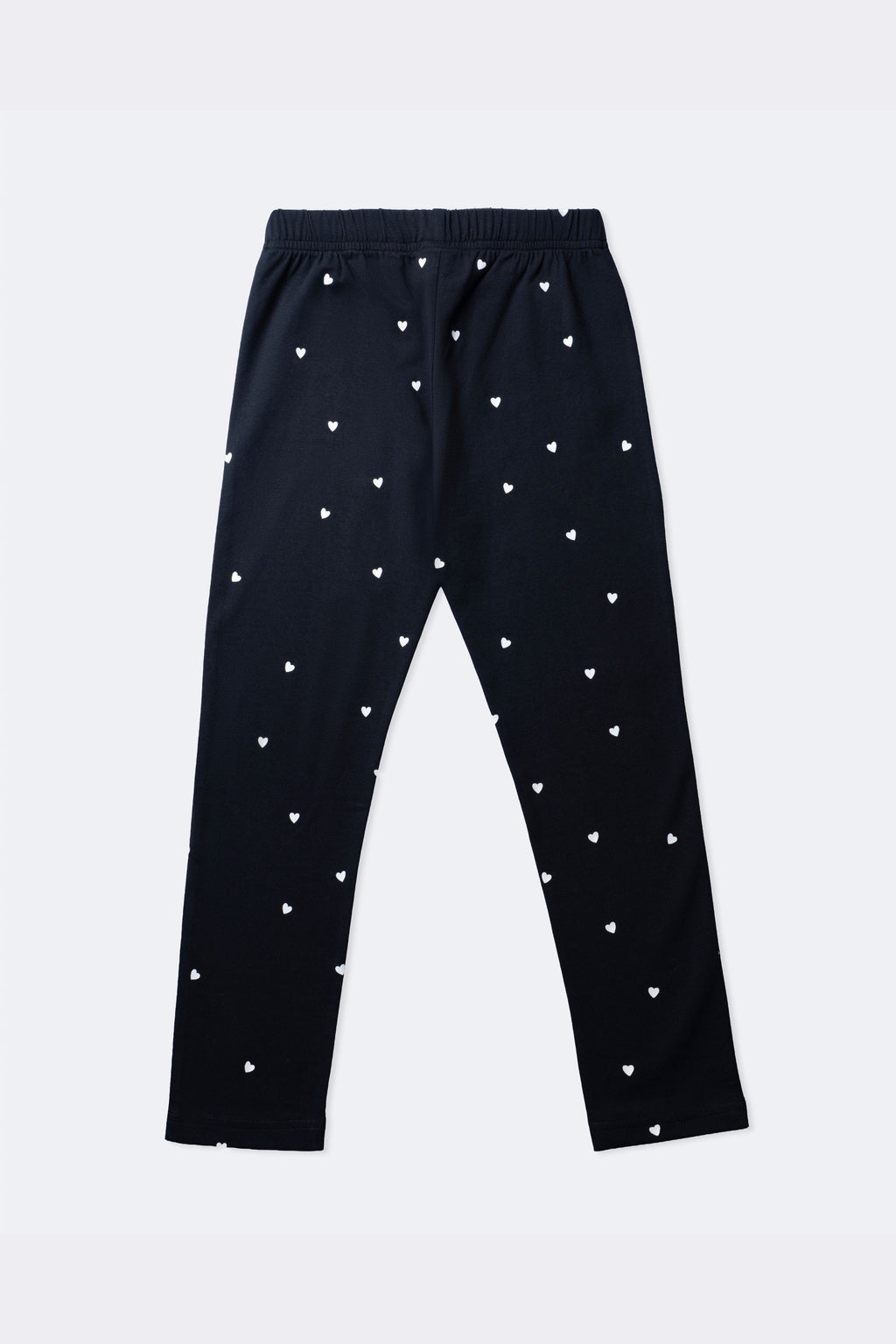 Girls' black stretch leggings with mini white heart all-over print and elastic waist