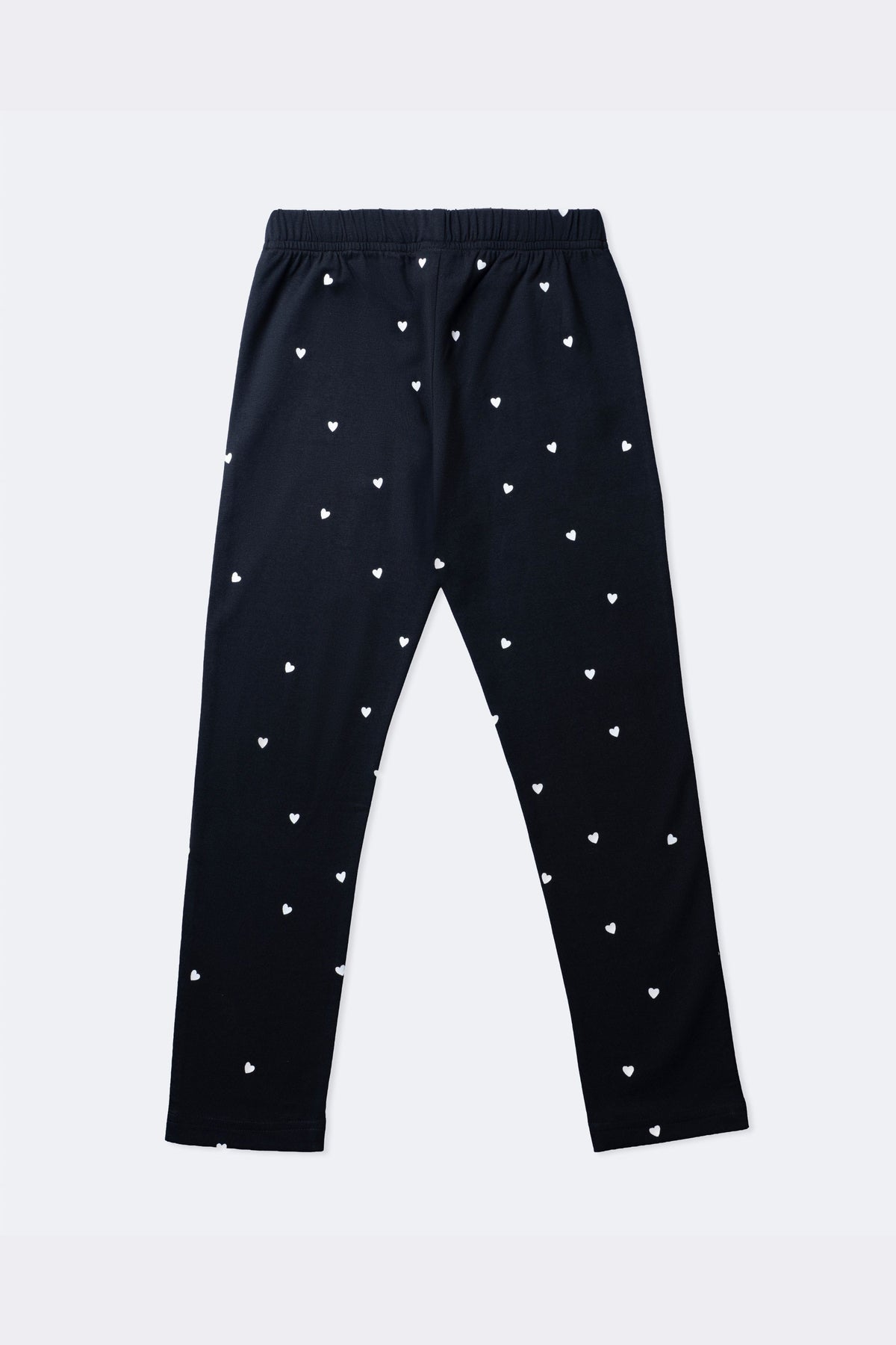 Girls' black stretch leggings with mini white heart all-over print and elastic waist