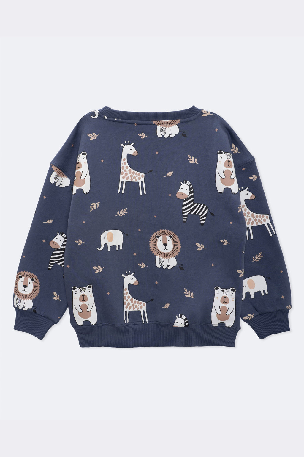 Denim blue kids fleece sweatshirt, crew neck, all-over safari animal print