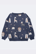 Denim blue kids fleece sweatshirt, crew neck, all-over safari animal print