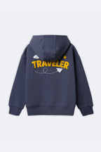 Denim blue kids hoodie with hood, 'TRAVELER' back print and paper plane graphic